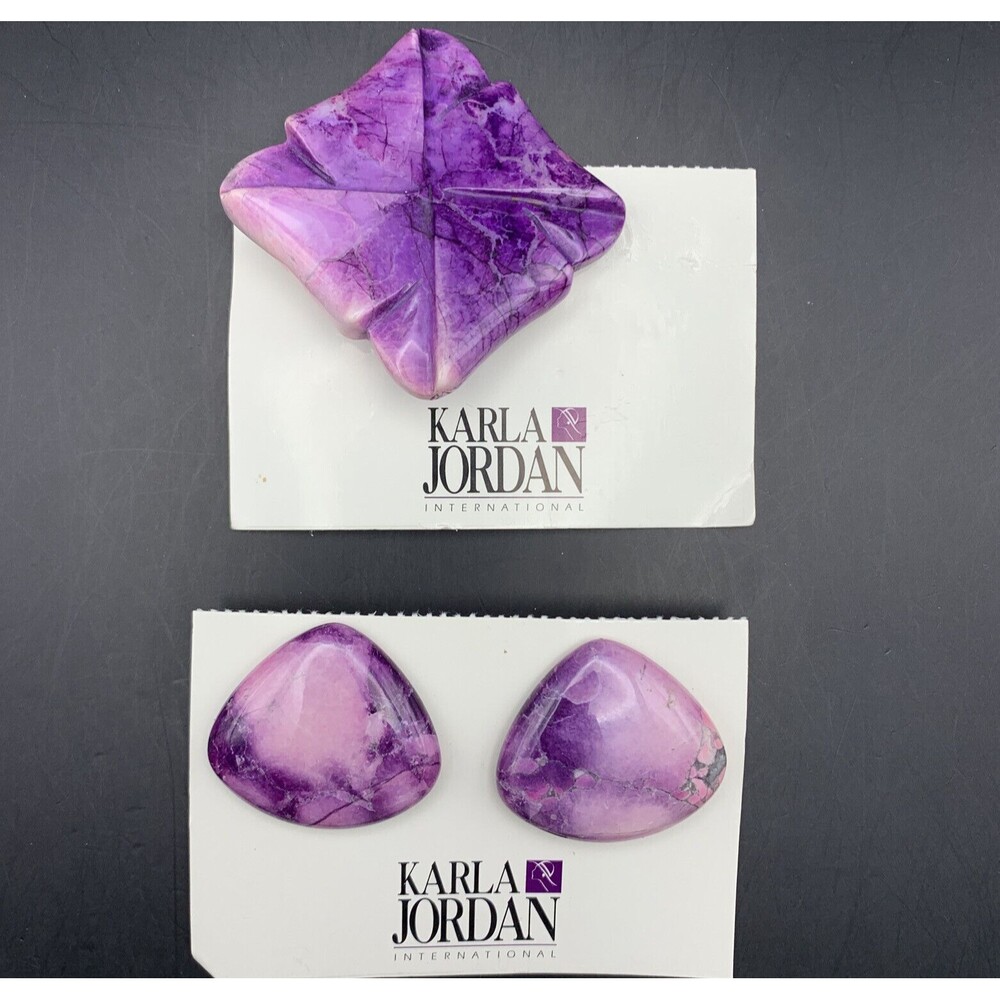 Karla Jordan Purple Stone Brooch Pendant Earrings Set Abstract Chunky Vintage